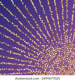 Star Sequin Confetti on Neon Purple Background. Vector Gold Glitter. Falling Particles on Floor. Voucher Gift Card Template. Isolated Flat Birthday Card. Golden Stars Banner. Christmas Party Frame.