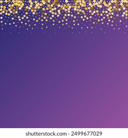 Confeti de lentejuelas de estrellas sobre fondo púrpura neón. Brillo de oro de Vector. Caída de partículas en el suelo. Plantilla de Tarjeta de regalo de cupón. Tarjeta de cumpleaños plana aislada. Estrellas de Oro Anuncio. Marco de fiesta de Navidad.