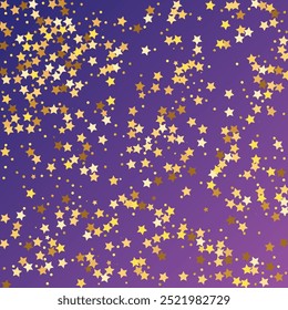 Star Sequin Confetti on Neon Purple Background. Vector Gold Glitter. Falling Particles on Floor. Isolated Flat Birthday Card. Golden Stars Banner. Voucher Gift Card Template. Christmas Party Frame.