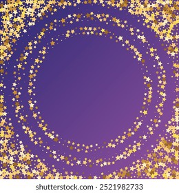 Confeti de lentejuelas de estrellas sobre fondo púrpura neón. Plantilla de Tarjeta de regalo de cupón. Marco de fiesta de Navidad. Tarjeta de cumpleaños plana aislada. Estrellas de Oro Anuncio. Brillo de oro de Vector. Caída de partículas en el suelo.