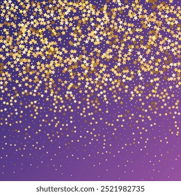 Confeti de lentejuelas de estrellas sobre fondo púrpura neón. Tarjeta de cumpleaños plana aislada. Estrellas de Oro Anuncio. Plantilla de Tarjeta de regalo de cupón. Marco de fiesta de Navidad. Brillo de oro de Vector. Caída de partículas en el suelo.