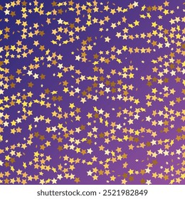 Star Sequin Confetti on Neon Purple Background. Vector Gold Glitter. Falling Particles on Floor. Voucher Gift Card Template. Isolated Flat Birthday Card. Golden Stars Banner. Christmas Party Frame.