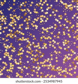 Star Sequin Confetti on Neon Purple Background. Isolated Flat Birthday Card. Golden Stars Banner. Voucher Gift Card Template. Vector Gold Glitter. Falling Particles on Floor. Christmas Party Frame.