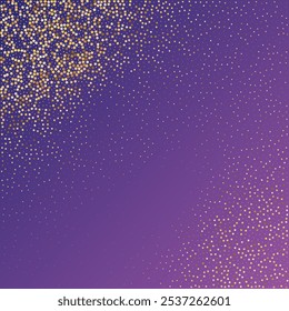 Star Sequin Confetti on Neon Purple Background. Isolated Flat Birthday Card. Golden Stars Banner. Voucher Gift Card Template. Vector Gold Glitter. Falling Particles on Floor. Christmas Party Frame.