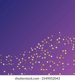 Star Sequin Confetti on Neon Purple Background. Christmas Party Frame. Vector Gold Glitter. Falling Particles on Floor. Voucher Gift Card Template. Isolated Flat Birthday Card. Golden Stars Banner.