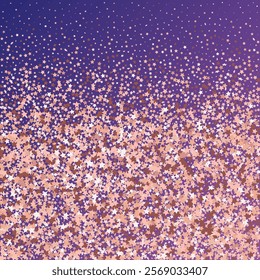 Star Sequin Confetti on Neon Purple Background. Voucher Gift Card Template. Isolated Flat Birthday Card. Golden Stars Banner. Christmas Party Frame. Vector Gold Glitter. Falling Particles on Floor.