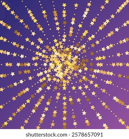 Star Sequin Confetti on Neon Purple Background. Vector Gold Glitter. Falling Particles on Floor. Christmas Party Frame. Voucher Gift Card Template. Isolated Flat Birthday Card. Golden Stars Banner.