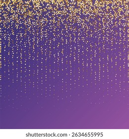 Star Sequin Confetti on Neon Purple Background. Isolated Flat Birthday Card. Golden Stars Banner. Voucher Gift Card Template. Vector Gold Glitter. Falling Particles on Floor. Christmas Party Frame.