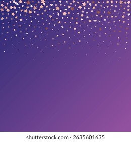 Star Sequin Confetti on Neon Purple Background. Voucher Gift Card Template. Vector Gold Glitter. Falling Particles on Floor. Christmas Party Frame. Isolated Flat Birthday Card. Golden Stars Banner.