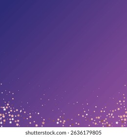 Star Sequin Confetti on Neon Purple Background. Vector Gold Glitter. Falling Particles on Floor. Isolated Flat Birthday Card. Golden Stars Banner. Christmas Party Frame. Voucher Gift Card Template.
