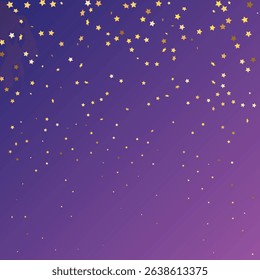 Star Sequin Confetti on Neon Purple Background. Christmas Party Frame. Vector Gold Glitter. Falling Particles on Floor. Isolated Flat Birthday Card. Golden Stars Banner. Voucher Gift Card Template.