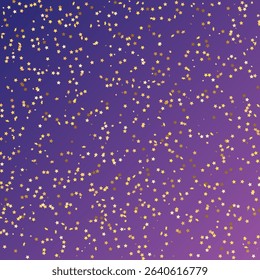 Star Sequin Confetti on Neon Purple Background. Isolated Flat Birthday Card. Golden Stars Banner. Christmas Party Frame. Vector Gold Glitter. Falling Particles on Floor. Voucher Gift Card Template.
