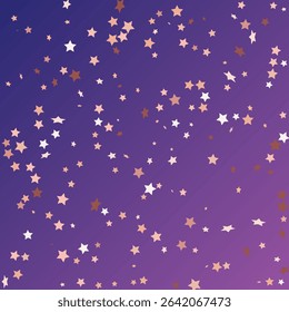 Star Sequin Confetti on Neon Purple Background. Isolated Flat Birthday Card. Golden Stars Banner. Christmas Party Frame. Vector Gold Glitter. Falling Particles on Floor. Voucher Gift Card Template.