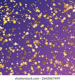 Star Sequin Confetti on Neon Purple Background. Christmas Party Frame. Voucher Gift Card Template. Vector Gold Glitter. Falling Particles on Floor. Isolated Flat Birthday Card. Golden Stars Banner.