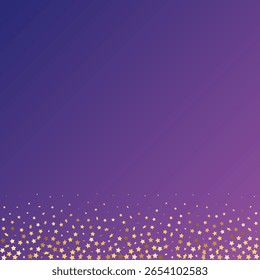 Star Sequin Confetti on Neon Purple Background. Voucher Gift Card Template. Christmas Party Frame. Vector Gold Glitter. Falling Particles on Floor. Isolated Flat Birthday Card. Golden Stars Banner.