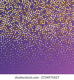 Star Sequin Confetti on Neon Purple Background. Voucher Gift Card Template. Christmas Party Frame. Isolated Flat Birthday Card. Golden Stars Banner. Vector Gold Glitter. Falling Particles on Floor.