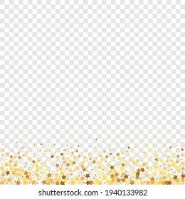 Star Sequin Confetti on Transparent Background. Voucher Gift Card Template. Christmas Party Frame. Isolated Flat Birthday Card. Golden Stars Banner. Vector Gold Glitter. Falling Particles on Floor.