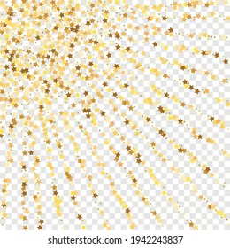 Star Sequin Confetti on Transparent Background. Christmas Party Frame. Isolated Flat Birthday Card. Golden Stars Banner. Voucher Gift Card Template. Vector Gold Glitter. Falling Particles on Floor.