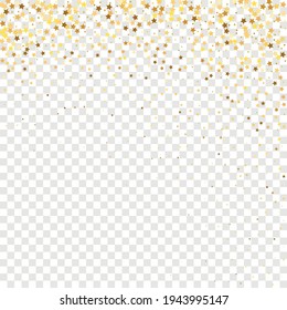 Star Sequin Confetti sobre fondo transparente. Tarjeta de cumpleaños plana aislada. Cartel de las estrellas de oro. Marco de fiesta de Navidad. Plantilla de tarjeta regalo de cupón. Glitter de oro vectorial. Cayendo partículas en el suelo.