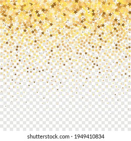 Star Sequin Confetti sobre fondo transparente. Plantilla de tarjeta regalo de cupón. Glitter de oro vectorial. Cayendo partículas en el suelo. Marco de fiesta de Navidad. Tarjeta de cumpleaños plana aislada. Cartel de las estrellas de oro.