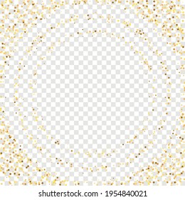 Star Sequin Confetti on Transparent Background. Christmas Party Frame. Voucher Gift Card Template. Vector Gold Glitter. Falling Particles on Floor. Isolated Flat Birthday Card. Golden Stars Banner.