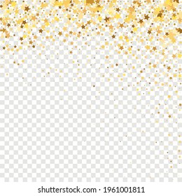 Star Sequin Confetti auf transparentem Hintergrund. Weihnachtsfeierrahmen. Vector Gold Glitter. Fallende Partikel auf dem Boden. Gutscheinkarten-Vorlage. Einzeln-Flach-Geburtstagskarte. Banner der goldenen Sterne.