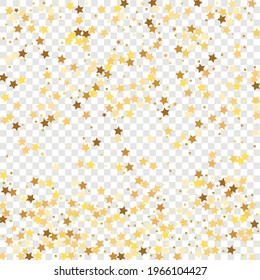 Star Sequin Confetti sobre fondo transparente. Tarjeta de cumpleaños plana aislada. Cartel de las estrellas de oro. Glitter de oro vectorial. Cayendo partículas en el suelo. Plantilla de tarjeta regalo de cupón. Marco de fiesta de Navidad.