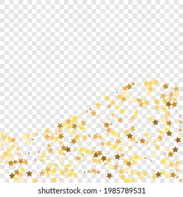 Star Sequin Confetti on Transparent Background. Christmas Party Frame. Isolated Flat Birthday Card. Golden Stars Banner. Vector Gold Glitter. Falling Particles on Floor. Voucher Gift Card Template.