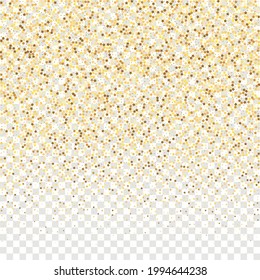 Star Sequin Confetti on Transparent Background. Voucher Gift Card Template. Vector Gold Glitter. Falling Particles on Floor. Isolated Flat Birthday Card. Golden Stars Banner. Christmas Party Frame.