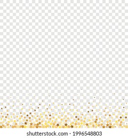 Star Sequin Confetti on Transparent Background. Christmas Party Frame. Voucher Gift Card Template. Vector Gold Glitter. Falling Particles on Floor. Isolated Flat Birthday Card. Golden Stars Banner.