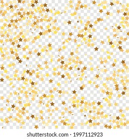 Star Sequin Confetti on Transparent Background. Voucher Gift Card Template. Vector Gold Glitter. Falling Particles on Floor. Christmas Party Frame. Isolated Flat Birthday Card. Golden Stars Banner.