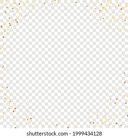 Star Sequin Confetti on Transparent Background. Voucher Gift Card Template. Isolated Flat Birthday Card. Golden Stars Banner. Vector Gold Glitter. Falling Particles on Floor. Christmas Party Frame.