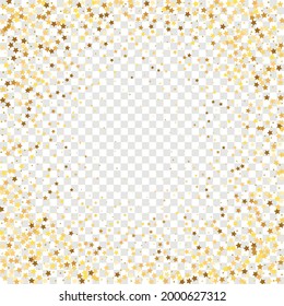 Star Sequin Confetti on Transparent Background. Christmas Party Frame. Voucher Gift Card Template. Isolated Flat Birthday Card. Golden Stars Banner. Vector Gold Glitter. Falling Particles on Floor.