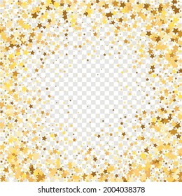 Star Sequin Confetti on Transparent Background. Vector Gold Glitter. Falling Particles on Floor. Christmas Party Frame. Isolated Flat Birthday Card. Golden Stars Banner. Voucher Gift Card Template.