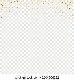 Star Sequin Confetti on Transparent Background. Vector Gold Glitter. Falling Particles on Floor. Christmas Party Frame. Isolated Flat Birthday Card. Golden Stars Banner. Voucher Gift Card Template.