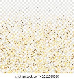 Star Sequin Confetti sobre fondo transparente. Glitter de oro vectorial. Cayendo partículas en el suelo. Plantilla de tarjeta regalo de cupón. Tarjeta de cumpleaños plana aislada. Cartel de las estrellas de oro. Marco de fiesta de Navidad.