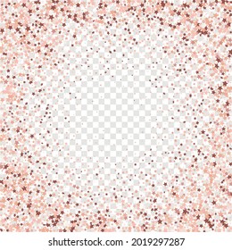 Star Sequin Confetti on Transparent Background. Voucher Gift Card Template. Vector Gold Glitter. Falling Particles on Floor. Christmas Party Frame. Isolated Flat Birthday Card. Golden Stars Banner.