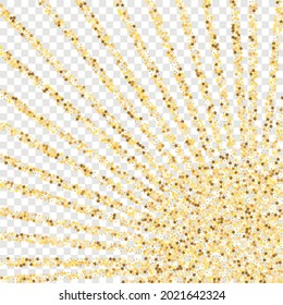 Star Sequin Confetti on Transparent Background. Vector Gold Glitter. Falling Particles on Floor. Christmas Party Frame. Isolated Flat Birthday Card. Golden Stars Banner. Voucher Gift Card Template.
