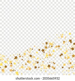 Star Sequin Confetti on Transparent Background. Isolated Flat Birthday Card. Golden Stars Banner. Christmas Party Frame. Voucher Gift Card Template. Vector Gold Glitter. Falling Particles on Floor.