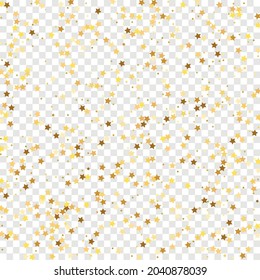 Star Sequin Confetti sobre fondo transparente. Plantilla de tarjeta regalo de cupón. Marco de fiesta de Navidad. Glitter de oro vectorial. Cayendo partículas en el suelo. Tarjeta de cumpleaños plana aislada. Cartel de las estrellas de oro.
