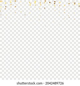 Star Sequin Confetti sobre fondo transparente. Marco de fiesta de Navidad. Plantilla de tarjeta regalo de cupón. Glitter de oro vectorial. Cayendo partículas en el suelo. Tarjeta de cumpleaños plana aislada. Cartel de las estrellas de oro.