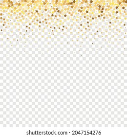 Star Sequin Confetti auf transparentem Hintergrund. Gutscheinkarten-Vorlage. Weihnachtsfeierrahmen. Einzeln-Flach-Geburtstagskarte. Banner der goldenen Sterne. Vector Gold Glitter. Fallende Partikel auf dem Boden.