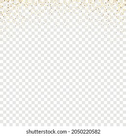 Star Sequin Confetti sobre fondo transparente. Plantilla de tarjeta regalo de cupón. Tarjeta de cumpleaños plana aislada. Cartel de las estrellas de oro. Marco de fiesta de Navidad. Glitter de oro vectorial. Cayendo partículas en el suelo.