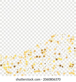 Star Sequin Confetti on Transparent Background. Vector Gold Glitter. Falling Particles on Floor. Voucher Gift Card Template. Christmas Party Frame. Isolated Flat Birthday Card. Golden Stars Banner.