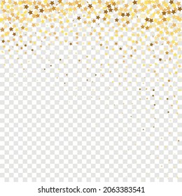 Star Sequin Confetti on Transparent Background. Christmas Party Frame. Voucher Gift Card Template. Isolated Flat Birthday Card. Golden Stars Banner. Vector Gold Glitter. Falling Particles on Floor.