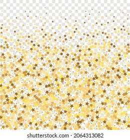 Star Sequin Confetti on Transparent Background. Voucher Gift Card Template. Christmas Party Frame. Vector Gold Glitter. Falling Particles on Floor. Isolated Flat Birthday Card. Golden Stars Banner.