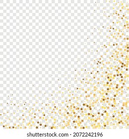 Star Sequin Confetti on Transparent Background. Christmas Party Frame. Isolated Flat Birthday Card. Golden Stars Banner. Vector Gold Glitter. Falling Particles on Floor. Voucher Gift Card Template.