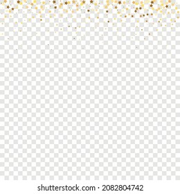 Star Sequin Confetti on Transparent Background. Voucher Gift Card Template. Christmas Party Frame. Isolated Flat Birthday Card. Golden Stars Banner. Vector Gold Glitter. Falling Particles on Floor.
