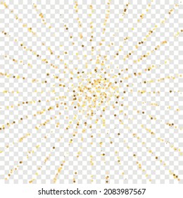 Star Sequin Confetti sobre fondo transparente. Marco de fiesta de Navidad. Tarjeta de cumpleaños plana aislada. Cartel de las estrellas de oro. Plantilla de tarjeta regalo de cupón. Glitter de oro vectorial. Cayendo partículas en el suelo.