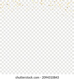 Star Sequin Confetti sobre fondo transparente. Glitter de oro vectorial. Cayendo partículas en el suelo. Plantilla de tarjeta regalo de cupón. Marco de fiesta de Navidad. Tarjeta de cumpleaños plana aislada. Cartel de las estrellas de oro.